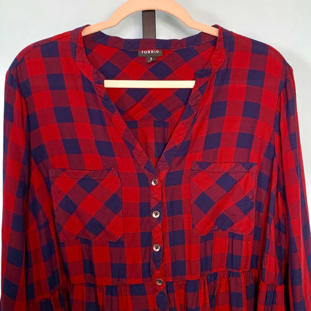 Torrid Red Buffalo Plaid Button Front Tunic Size 2 (2X) - Picture 3 of 7